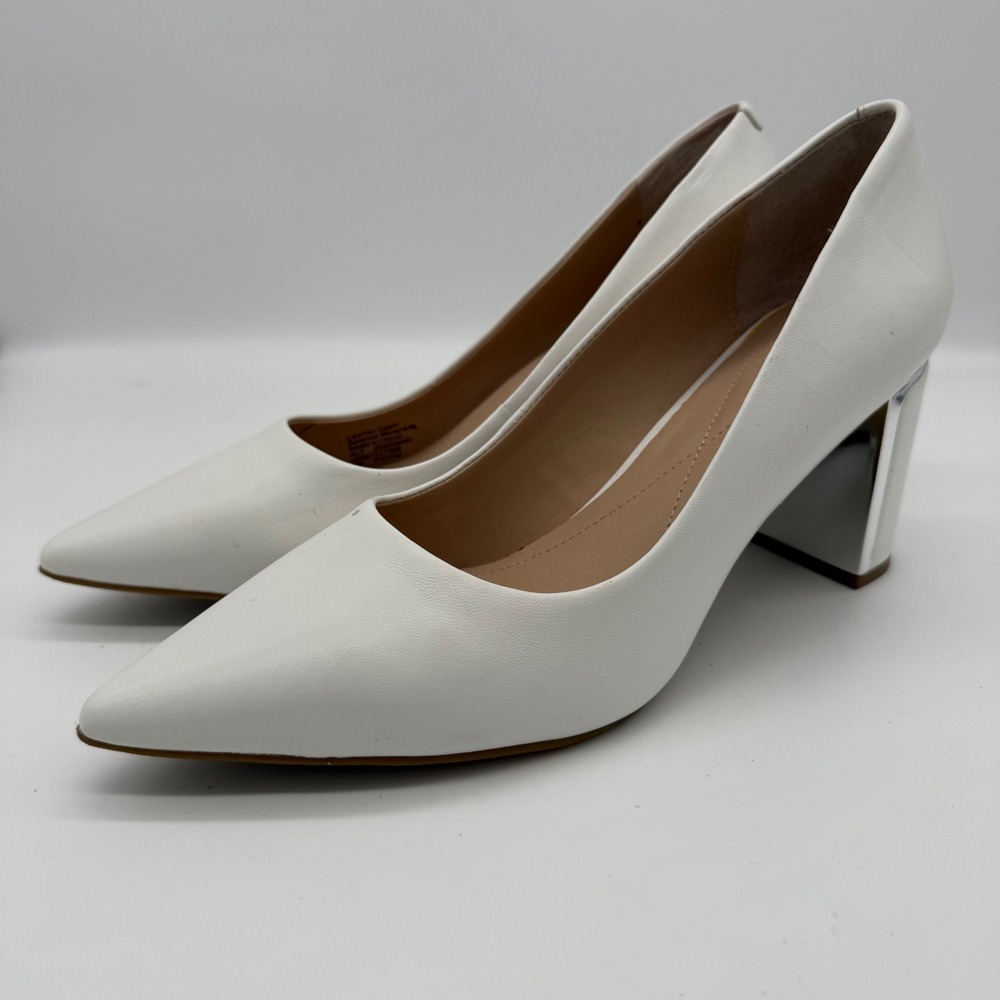 Alfani Step N Flex Jenson White Leather‎ Pointed Toe Block Heel Pumps Womens 8M
